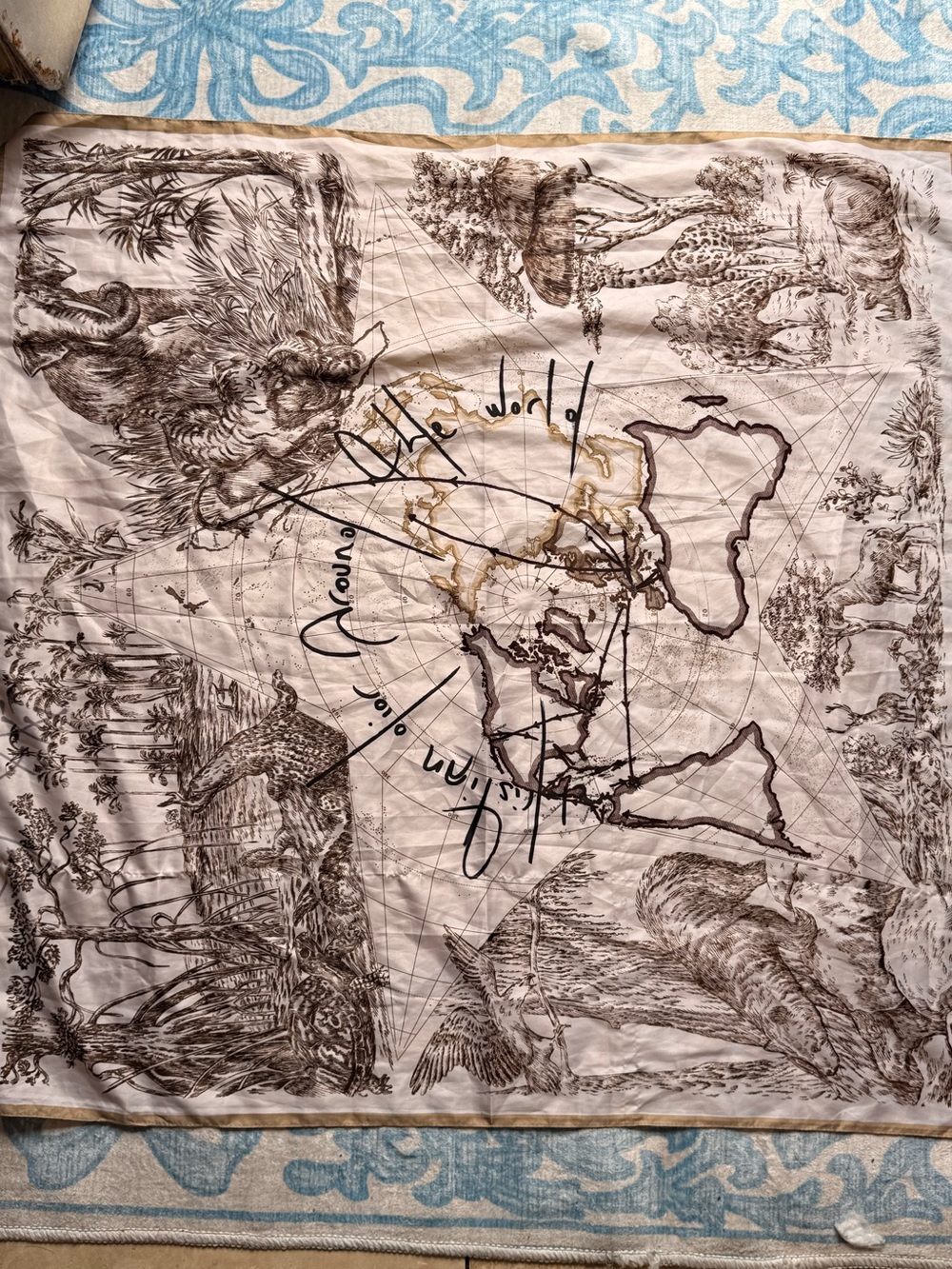 Neutral Safari Map Silk Scarf with Brown Illustrations